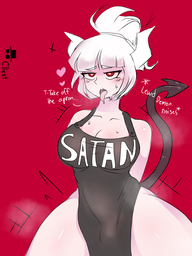 apron, apron only, big breasts, blush, breasts, bulge, cliest, curvaceous, curvy female, demon, demon girl, female, futanari, heart, heart-shaped pupils, helltaker, implied futa, intersex, lucifer (helltaker), riding, tail, text, thick thighs, thighs, white hair