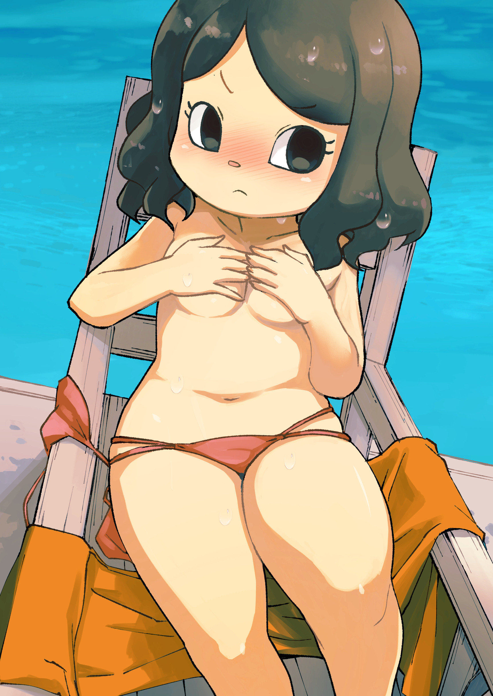 2020, angry, animal crossing, animal crossing girl, bikini, black eyes, black hair, breasts, covered breasts, covering breasts, female, female only, frustrated, mob face, muramasa mikado, murana (muramasa mikado), nintendo, only player, pool, thighs, topless, villager (animal crossing)