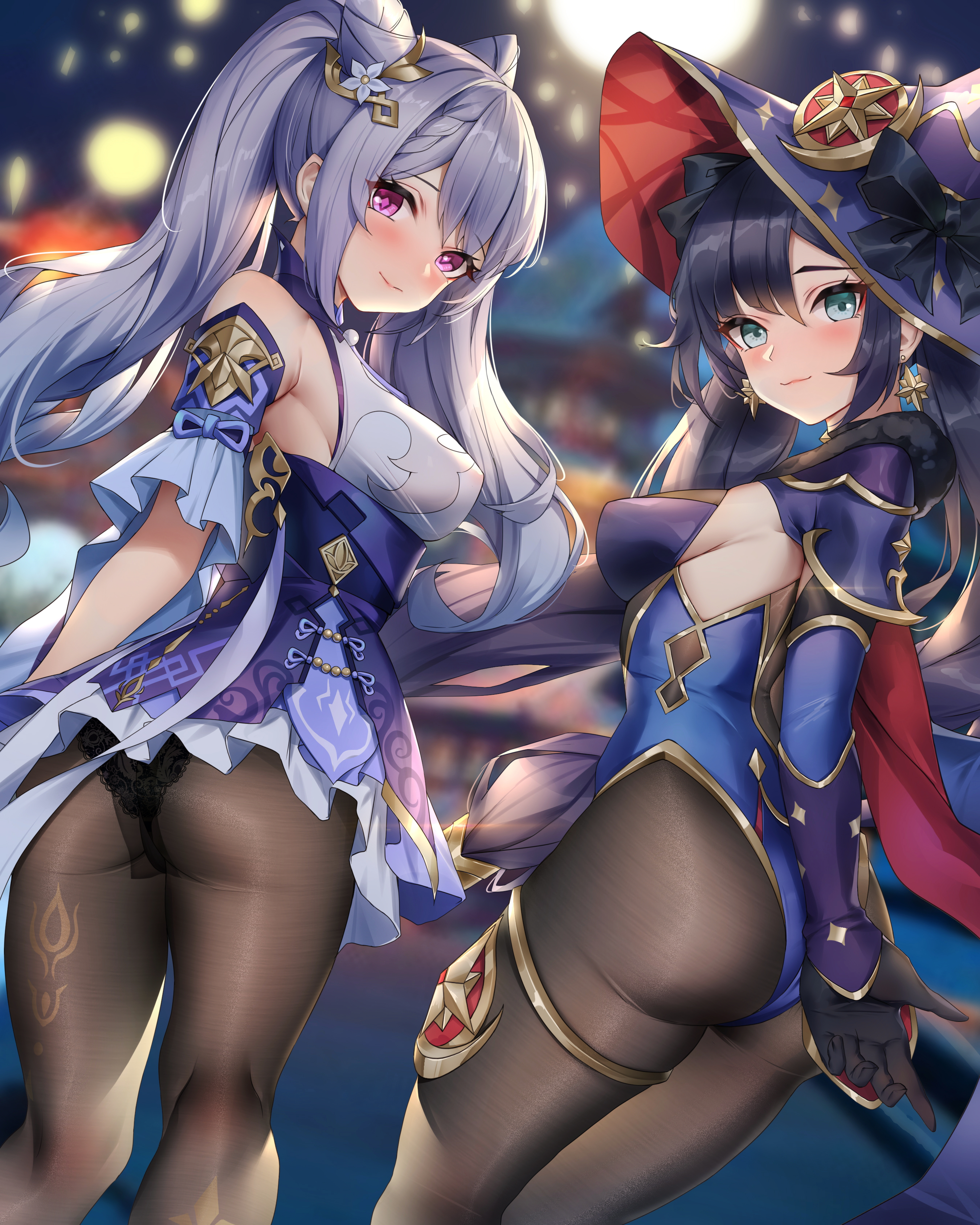 2girls, absurdres, aqua eyes, ass, bangs, bare shoulders, black hair, black legwear, black panties, blush, breasts, detached sleeves, dress, earrings, female, female only, frills, fully clothed, genshin impact, gloves, grey hair, hair ornament, hat, highres, jewelry, keqing (genshin impact), leotard, long hair, looking at viewer, looking back, medium breasts, mona (genshin impact), multiple females, multiple girls, panties, panties under pantyhose, pantyhose, purple eyes, skirt, thighs, twintails, underwear, witch hat, wu ganlan cai