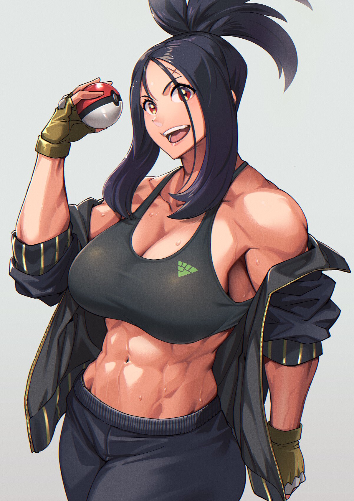 1girls abs bangs black_hair breasts cleavage dendra_(pokemon) female gloves highres jacket large_breasts long_bangs long_hair looking_at_viewer mikel_bk muscular muscular_female open_clothes open_jacket poke_ball pokemon pokemon_(game) pokemon_sv ponytail red_eyes scar scar_on_face sleeves_rolled_up solo sports_bra sweat