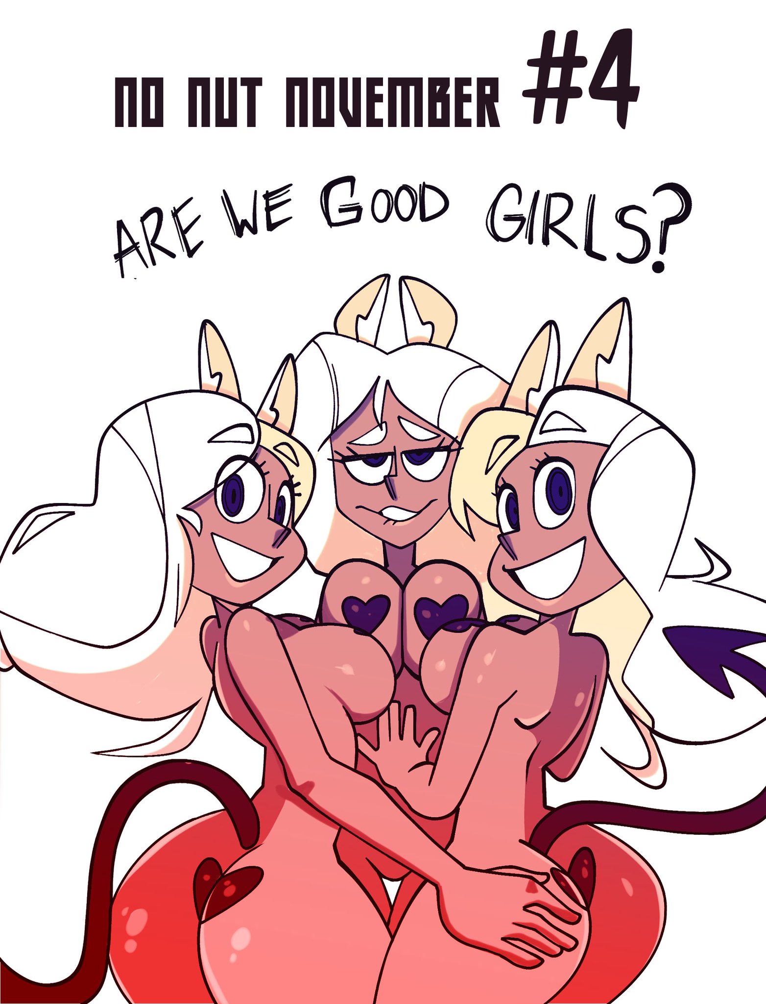3girls, ass, barefoot, biting lip, breasts, busty, casual nudity, cerberus (helltaker), child bearing hips, covered nipples, curvaceous, curvy, dialogue, exhibitionism, female, female focus, female only, heart, heart pasties, helltaker, hourglass figure, huge ass, huge breasts, inviting, long hair, looking at viewer, monamania, multiple females, multiple girls, nipples, no nut november, nude, nude female, page 4, seductive, seductive smile, smile, smiling at viewer, suggestive, sweetdandy, text, thick, thick ass, thick thighs, threesome, voluptuous, wide hips