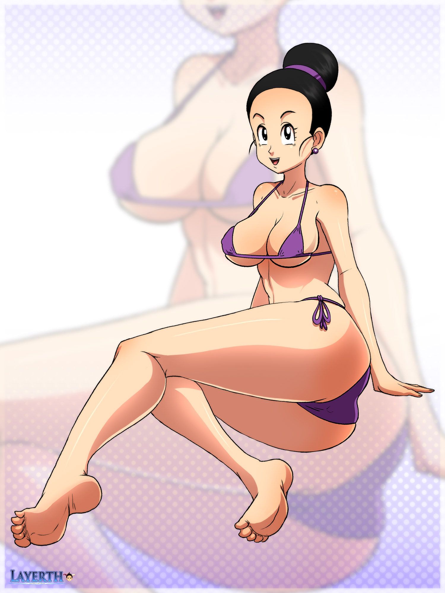 2d, ass, barefoot, bikini, chichi, chichi (majin buu saga), dragon ball, feet, female, full color, layerth, laying down, nipple bulge, no penetration, panties, ponytail, purple panties, soles, solo, solo female, swimsuit, toes