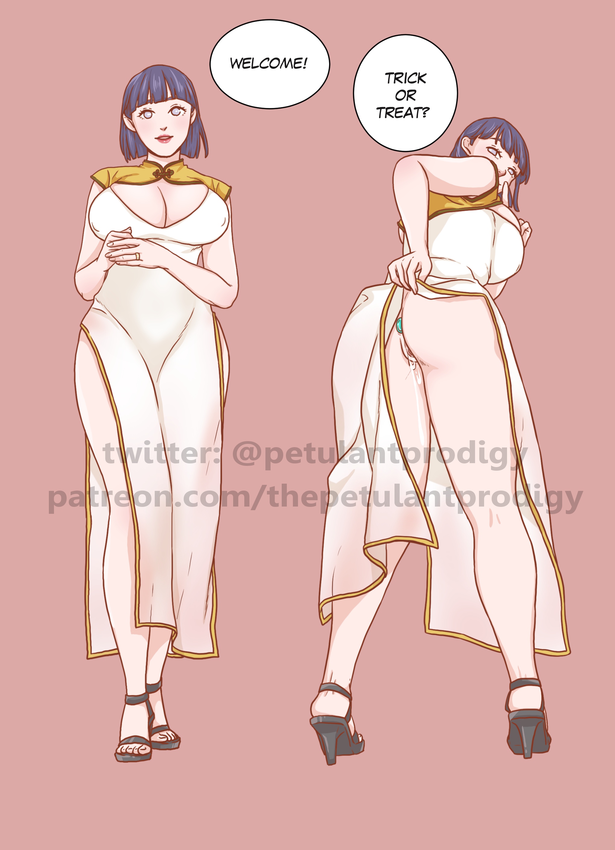 1girls, anal insertion, anal masturbation, anal object insertion, anal plug, anus, arched back, ass, bare arms, bbw, bent over, big breasts, blue hair, blush, bob cut, boruto: naruto next generations, bottomless, breasts, busty, buttplug, cleavage, clothed, clothing, curvaceous, curvy, curvy figure, dialogue, dress, dress lift, english text, erect nipples, female, female only, footwear, fully clothed, halloween, heels, high heels, hyuuga hinata, jewel buttplug, large breasts, legwear, light skin, light-skinned female, lipstick, long dress, looking at viewer, male, male pov, masturbation, mature, mature female, milf, naruto, naruto (series), nipple bulge, nipples, no panties, open toe shoes, pale skin, pale-skinned female, petulantprodigy, pink lips, pink lipstick, pov, pov eye contact, princess plug, purple eyes, pussy, pussy ejaculation, pussy juice, pussy juice drip, sandals, sex toy, short hair, sleeveless, solo, solo female, solo focus, speech bubble, text, thighs, toes, uzumaki hinata, vagina, violet eyes, voluptuous, wide hips