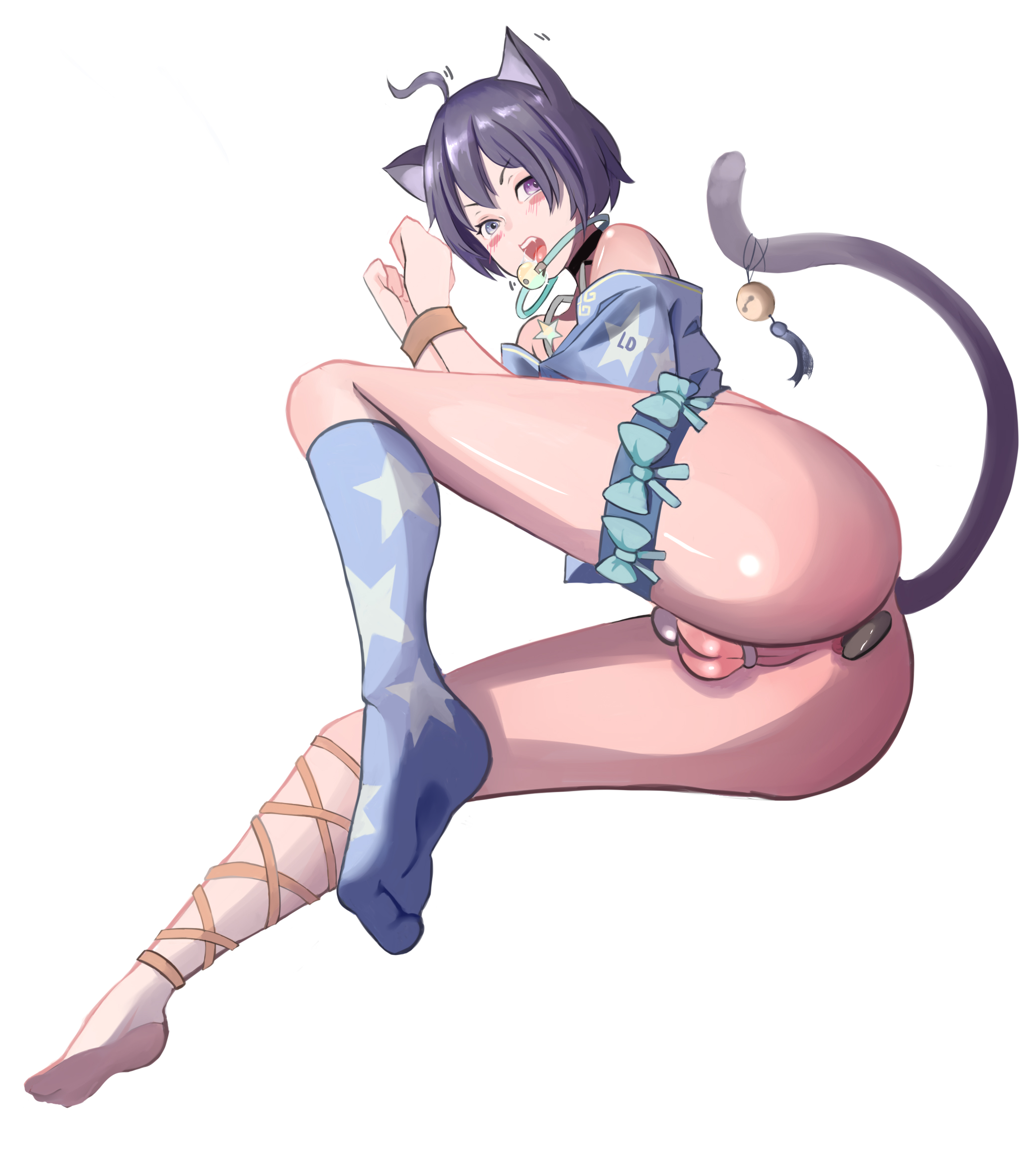 1boy, anal, anal insertion, androgynous, animal ears, anus, ass, balls, bottomless, bound, boy, cat boy, catboy, chastity, chastity cage, embarrassed, femboy, humanoid, kemonomimi, legs, male, male only, neko, open mouth, pale skin, penis, restrained, shangshang, sissy, small penis, solo, thighhighs, trap