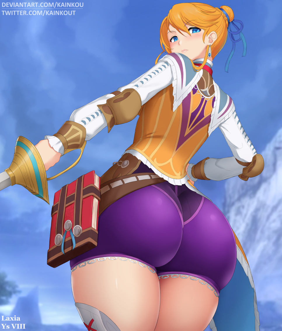 ass belt big_ass blonde_hair blue_eyes blush book earrings female fully_clothed hair_bun huge_ass jewelry kainkout laxia_von_roswell looking_at_viewer looking_back looking_down rapier skindentation solo sword thick_thighs thighs tied_hair weapon ys ys_viii_lacrimosa_of_dana