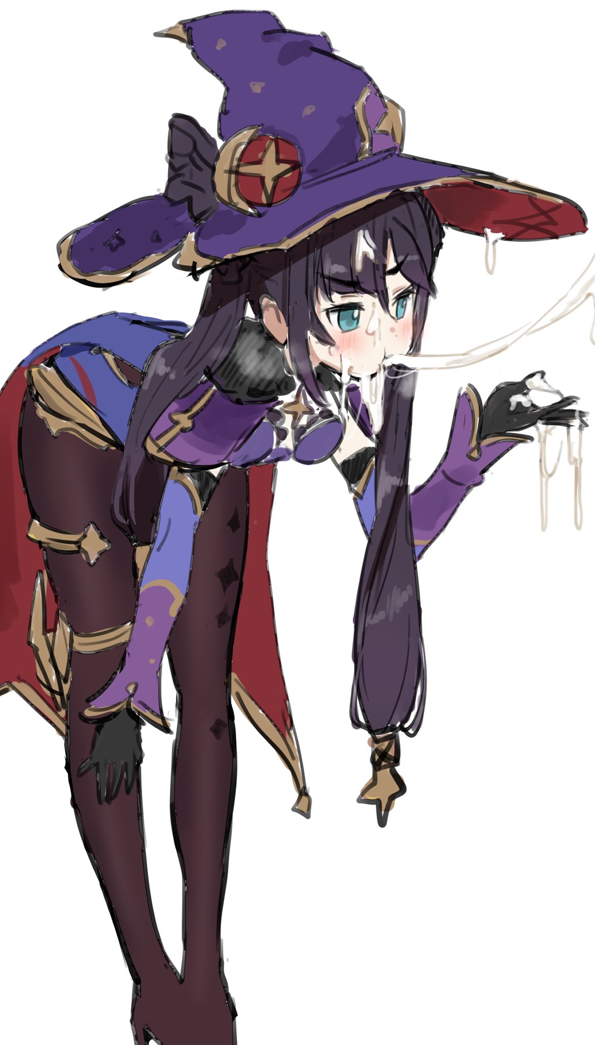 1girls, after fellatio, bending over, bent over, cum, cum between fingers, cum in hair, cum in mouth, cum on face, cum on fingers, cum on hair, cum on hand, cum on hat, cum string, cum trail, female, genshin impact, gloves, gokkun, leaning forward, mona (genshin impact), pantyhose, tagme, twintails, witch hat