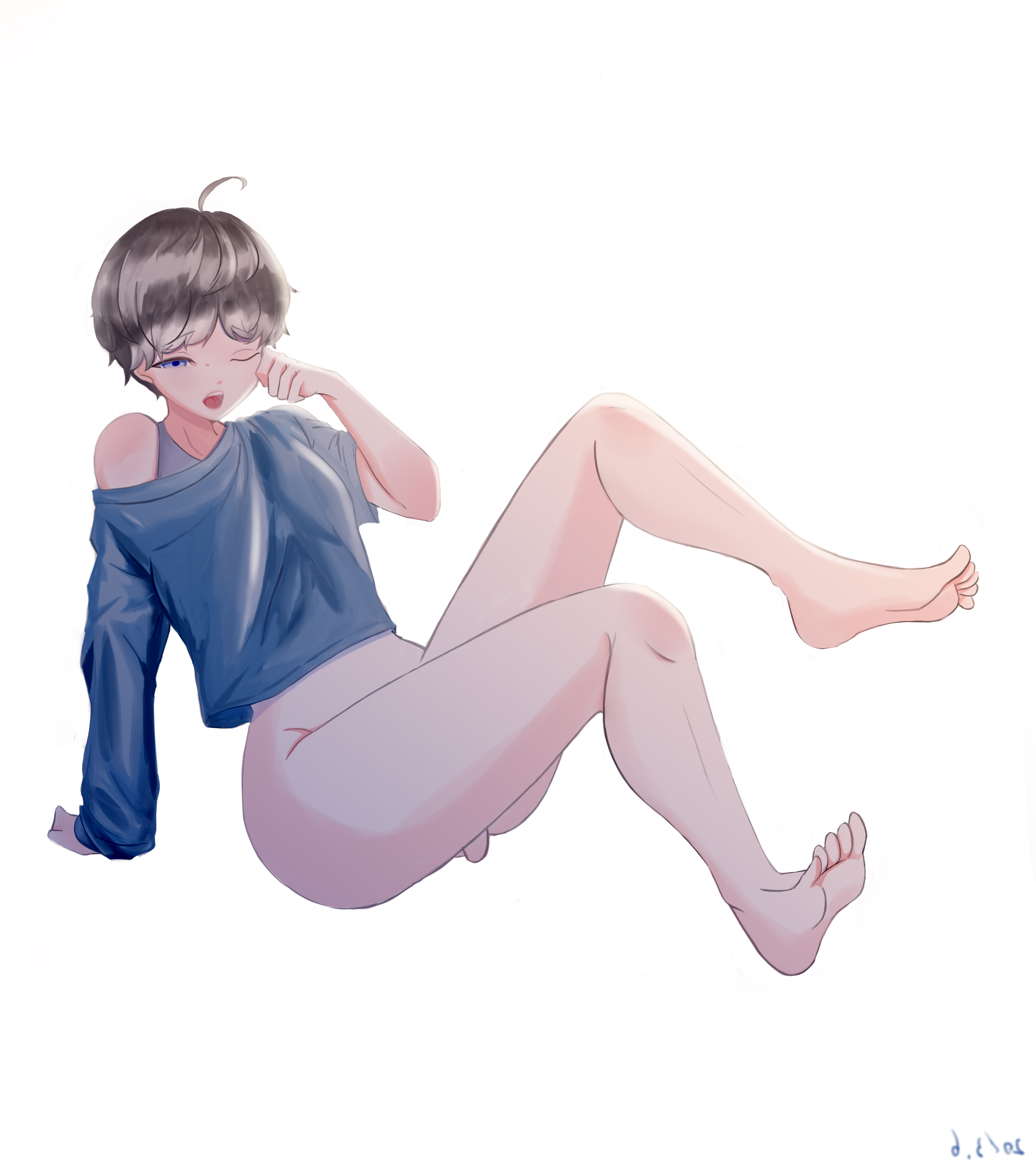 1boy, androgynous, ass, blue eyes, blue shirt, bottomless, boy, feet, femboy, flaccid, foreskin, legs, male, open mouth, penis, sissy, small penis, solo, thighhighs, toes, trap, uncircumcised, wide hips, yaoi