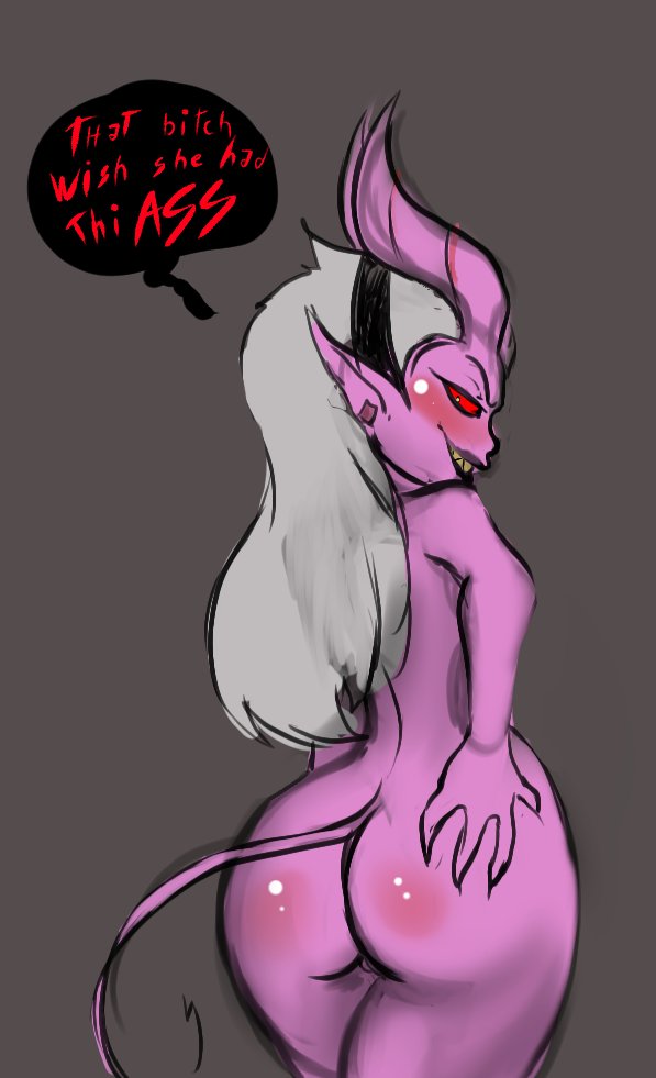 1girls, ass, ass focus, ass grab, demon, earrings, english text, fat ass, female, grey hair, helluva boss, horn, huge ass, looking at viewer, looking back, mayberry (helluva boss), n-ronin, nude, pointy ears, purple skin, sharp teeth, tail, vivienne medrano