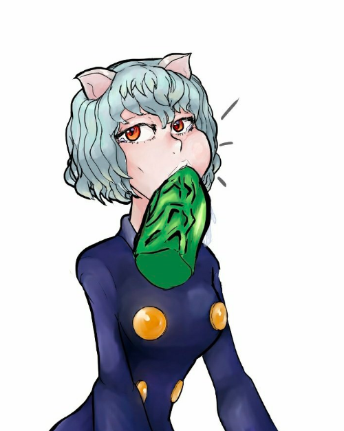 blowjob cat_ears cheek_bulge fellatio green_skin hunter_x_hunter lockandfrogpog looking_at_viewer meruem neferpitou simple_background small_breasts white_hair