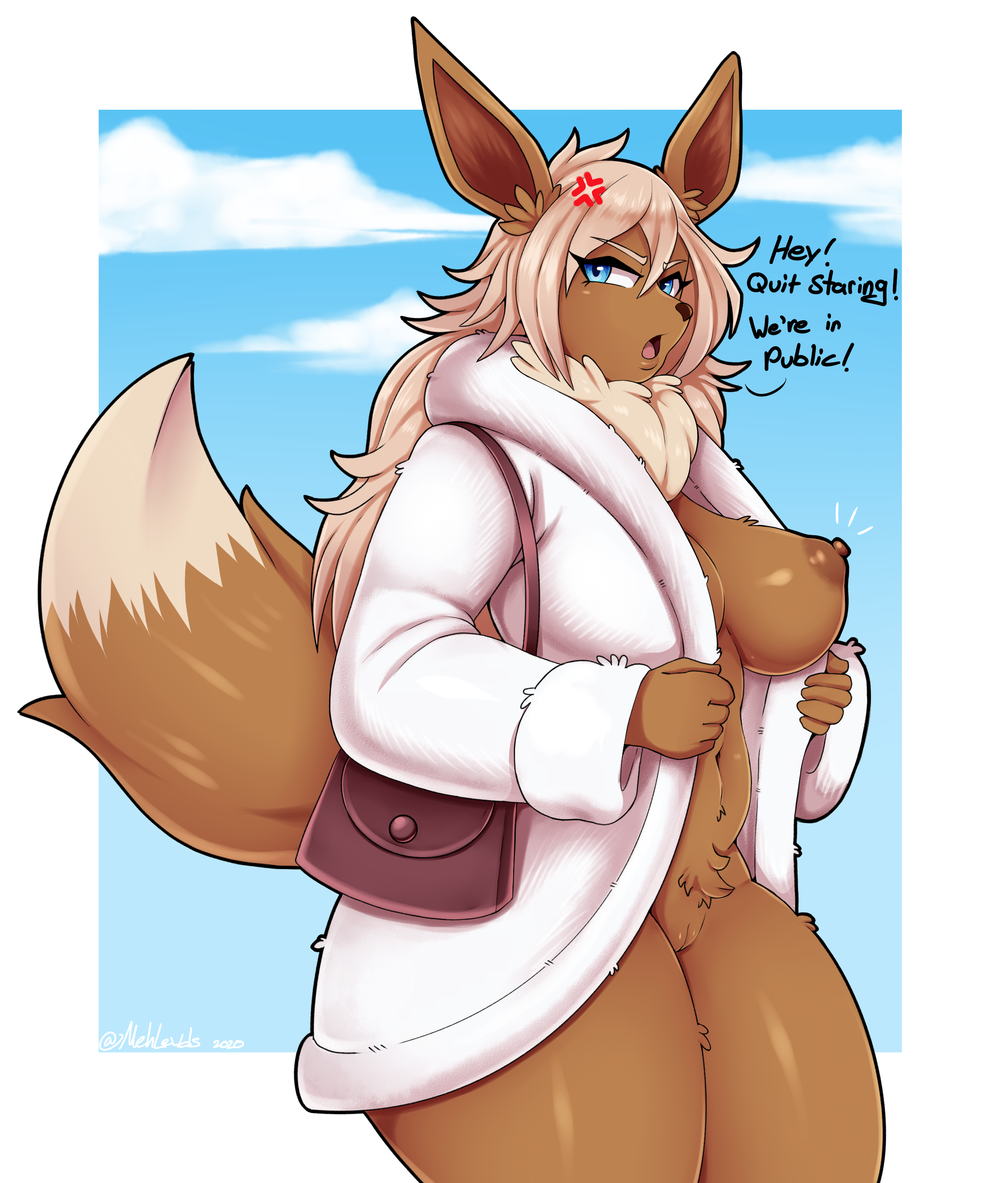 2020, absurd res, anthro, blue eyes, breasts, cross-popping vein, dialogue, eevee, english text, female, female focus, fur, furry, furry only, genitals, hi res, looking at viewer, mehdrawings, mostly nude, naked, navel, nintendo, nipples, nude, one breast out, pokémon (species), pokemon, pokemon (species), pussy, solo, solo female, solo focus, tail, text, vein, video games