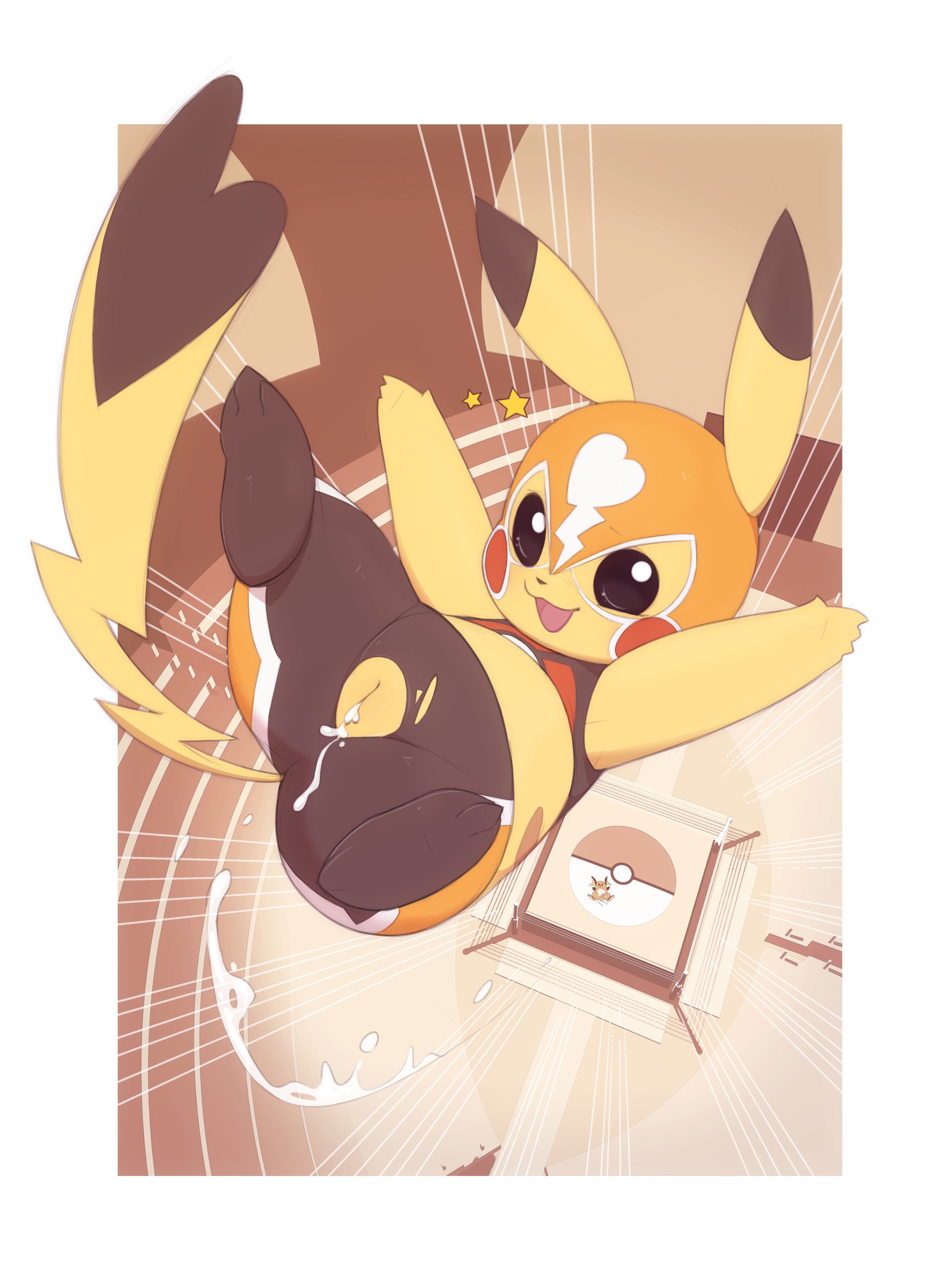 1girls, 2020, absurd res, action pose, anthro, anthrofied, ass, black eyes, clothed, cosplay pikachu, cum, cum drip, cum inside, cute, detailed background, digital media (artwork), dressed, female, female focus, half-dressed, hi res, high resolution, in air, kekitopu, large ears, large tail, looking at viewer, mask, masked, masked female, nintendo, open mouth, pikachu, pikachu libre, pokémon (species), pokemon, pokemon (species), pussy, raichu, smile, smiling, smiling at viewer, stadium, stadium background, torn clothes, uncensored, vagina, white background, yellow body, yellow skin