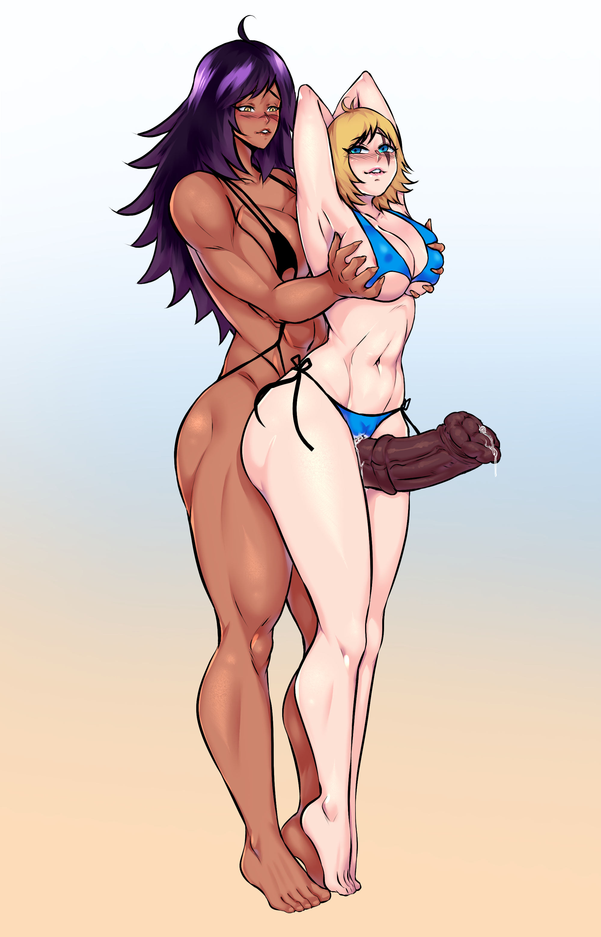 1futa, 1girls, abs, ahoge, alice kendrick, animal genitalia, animal penis, arms behind head, balls, bathing suit, bikini, blonde hair, breast squeeze, breasts, dark skin, duo, erection, female, from behind, full body, futa on female, futanari, gabriela gogonea, genital fluids, groping, hands behind head, horsecock, horsecock futa, huge balls, huge cock, human, human with animal genitalia, human with horsecock, intersex, muscular, muscular futa, nipple bulge, outercourse, pale skin, penis, precum, purple hair, pussy, pussy juice, standing, tessa atelier, thigh job, thigh sex