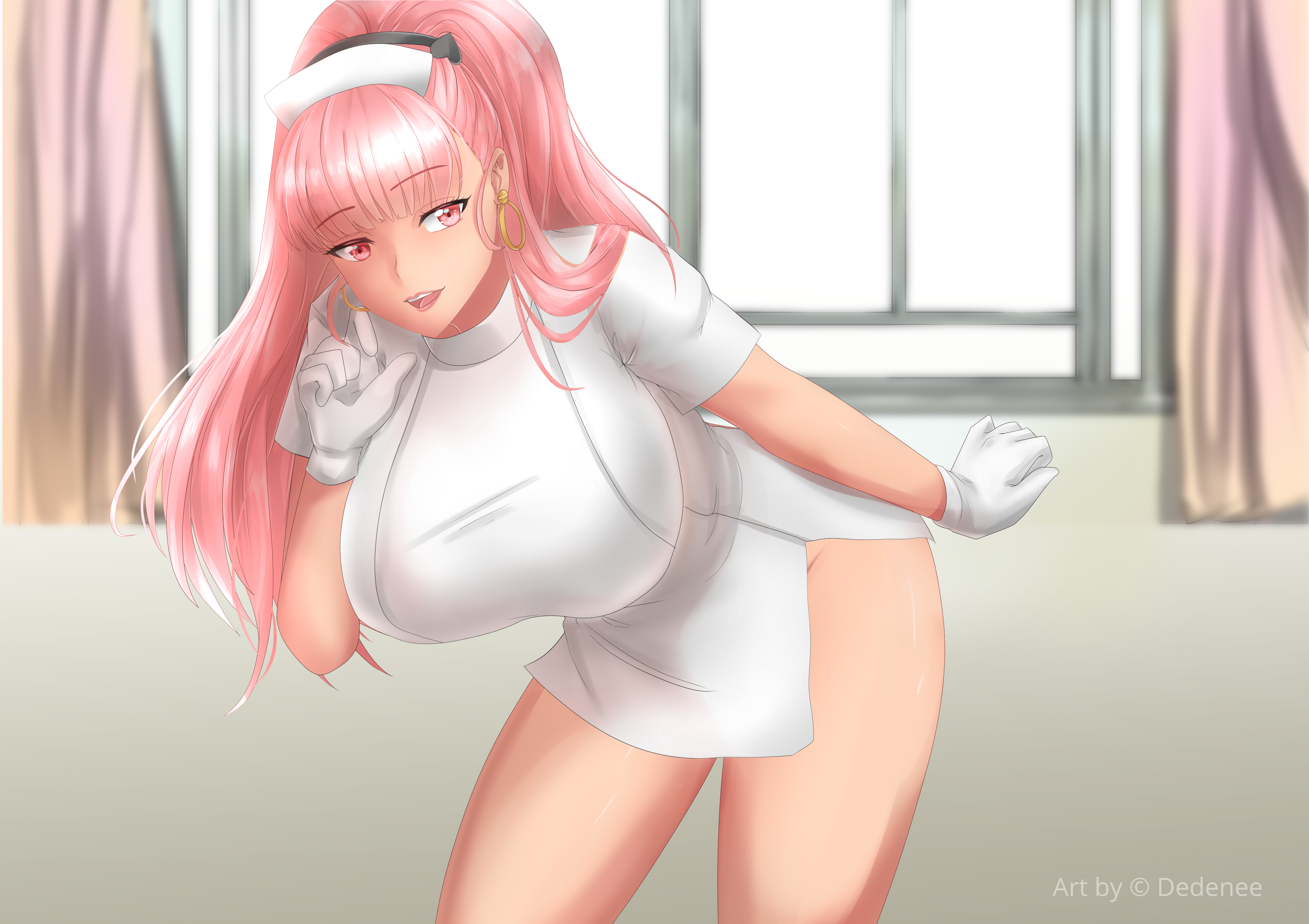 1girls, alternate breast size, bare legs, bare thighs, breasts, dedenee (artist), earrings, female, fire emblem, fire emblem: three houses, gloves, hilda valentine goneril, huge breasts, large breasts, leaning forward, lips, long hair, nintendo, no panties, nurse, nurse cap, nurse uniform, pink eyes, pink hair, ponytail, rinku bny, thighs, window