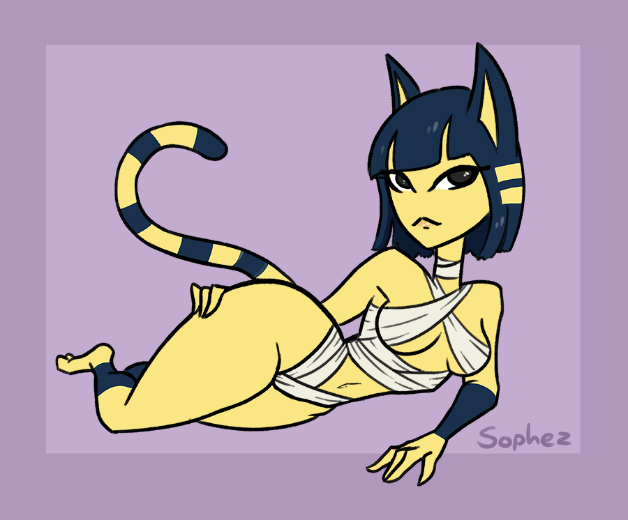 2020 animal_crossing animal_crossing_new_horizons ankha anthro bandage bandages blue_hair breasts cat_ears cat_girl cat_tail laying_down mummy_costume nintendo pinup pinup_pose pose self_upload sophez striped stripes thighs wide_hips yellow_fur