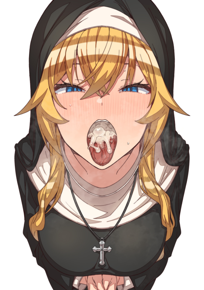 blonde hair, blue eyes, breasts, cum in mouth, female, light skin, light-skinned female, nun, open mouth