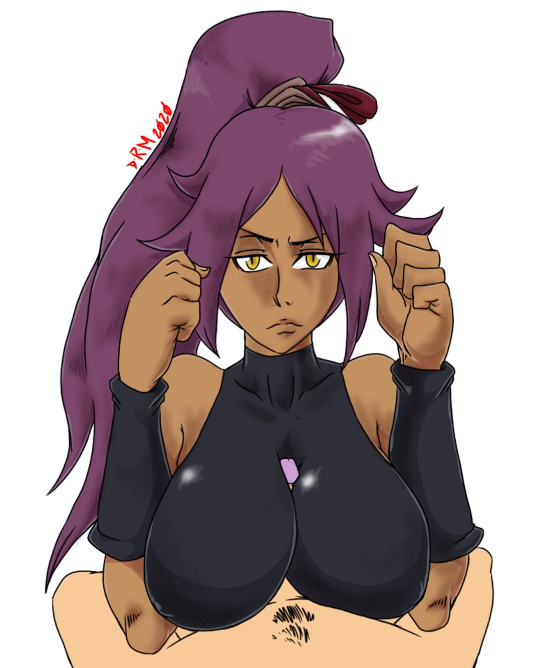 1boy 1girls arm_warmers armwear black_hair bleach clothed_female_nude_male clothed_sex dark-skinned_female dark_skin doctordrmnsfw first_person_view fit fit_female frown high_ponytail interracial large_breasts leotard light_skin long_hair looking_at_viewer paizuri ponytail pov pubic_hair purple_hair shihouin_yoruichi slit_pupils straight yellow_eyes