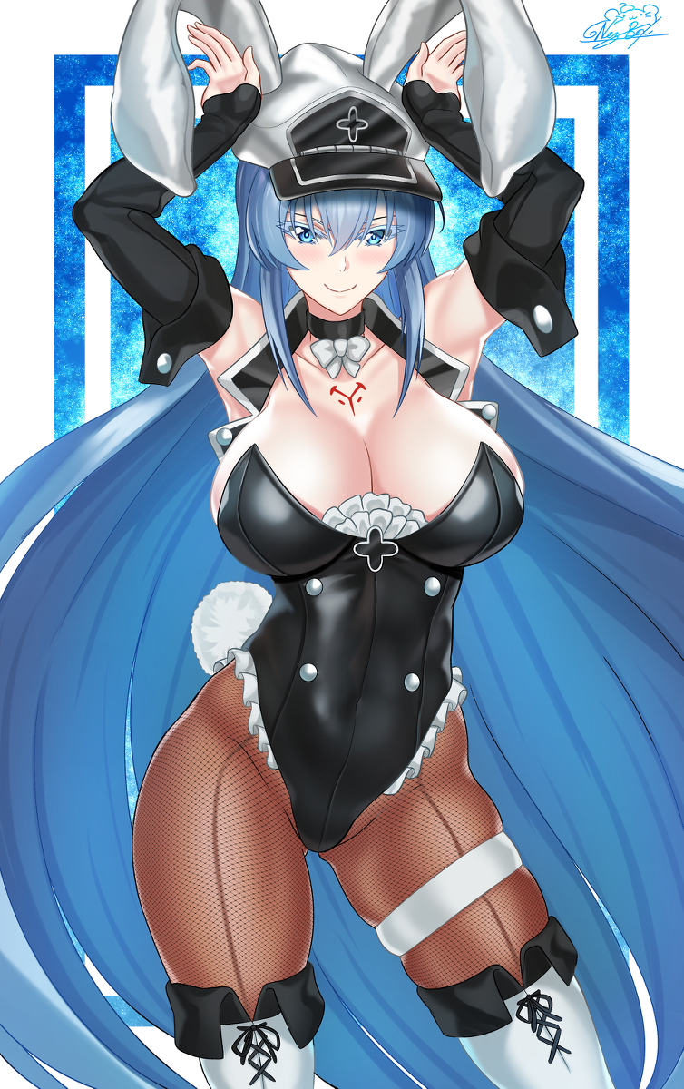 akame_ga_kill! big_breasts blue_hair bunny_ears esdeath_(akame_ga_kill!)