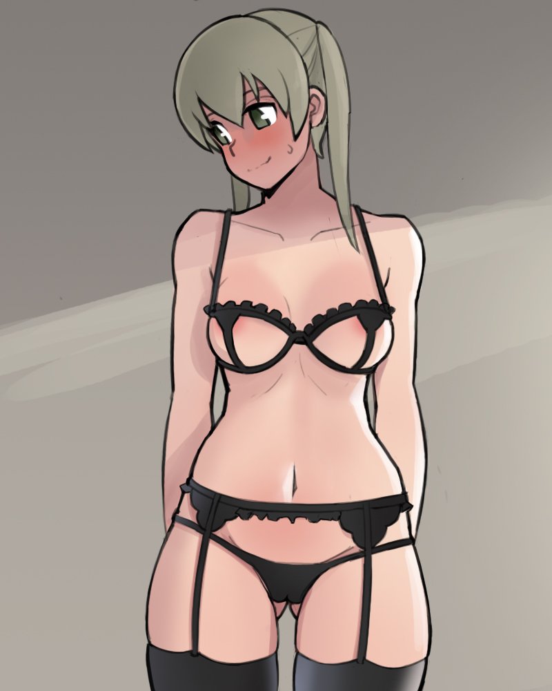 1girls, breasts, brown hair, cameltoe, donburikazoku, embarrassed, embarrassed nude female, female, female only, garter belt, garter straps, lingerie, looking off screen, maka albarn, pussy, small breasts, solo, soul eater, twintails