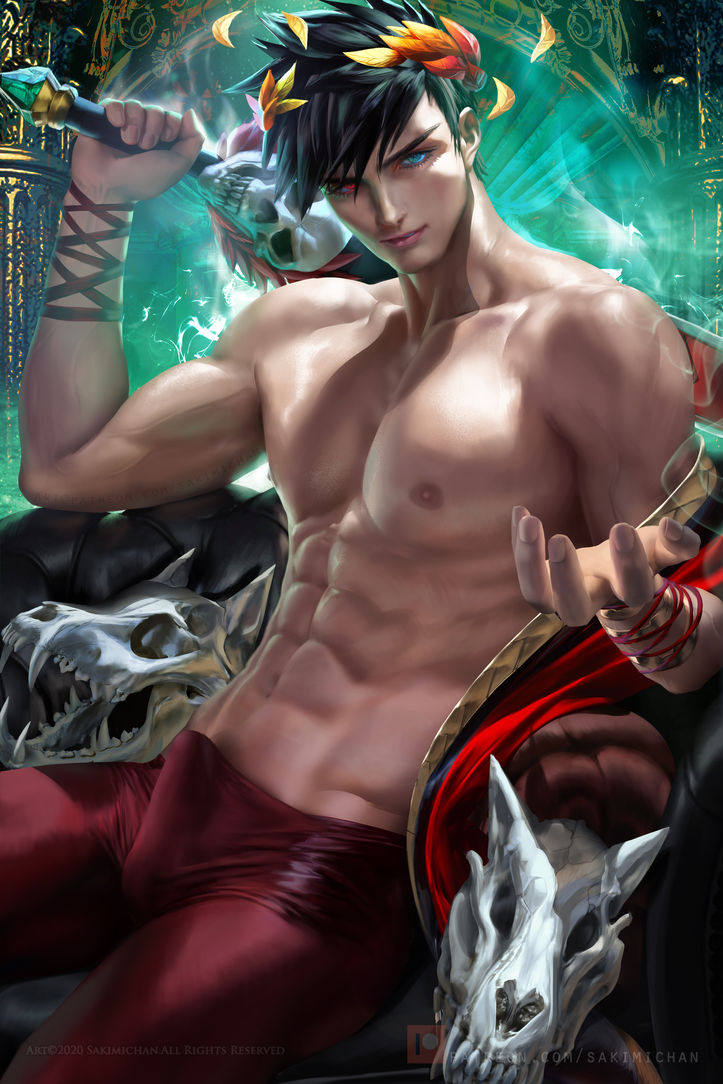 1boy, abs, black hair, blue eyes, bulge, gay, hades (game), heterochromia, human, human only, male, male only, muscles, muscular, muscular male, red eyes, sakimichan, shirtless, skull, sword, zagreus