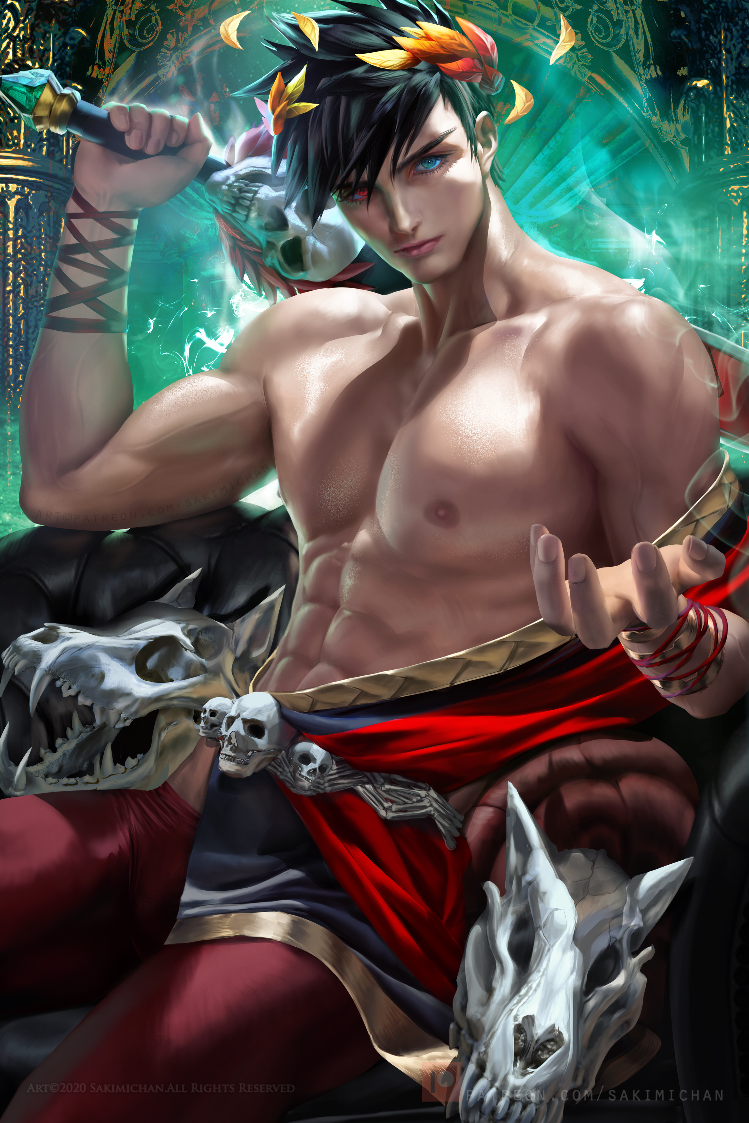 1boy, black hair, blue eyes, gay, hades (game), heterochromia, human, human only, male, male only, red eyes, sakimichan, skull, sword, zagreus