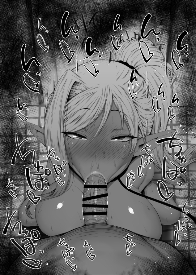 :>=, 1boy, 1girls, black and white, blush, breasts, censored, cloe (kuroinu), dark elf, detailed background, elf, erection, faceless male, fellatio, female, indoors, japanese text, kuroinu ~kedakaki seijo wa hakudaku ni somaru~, kurotama, large breasts, legs apart, looking at viewer, looking up, male, nipples, nude, oral, oral sex, penis, pov, side ponytail, sketch, sound effects, squatting, sweat, text