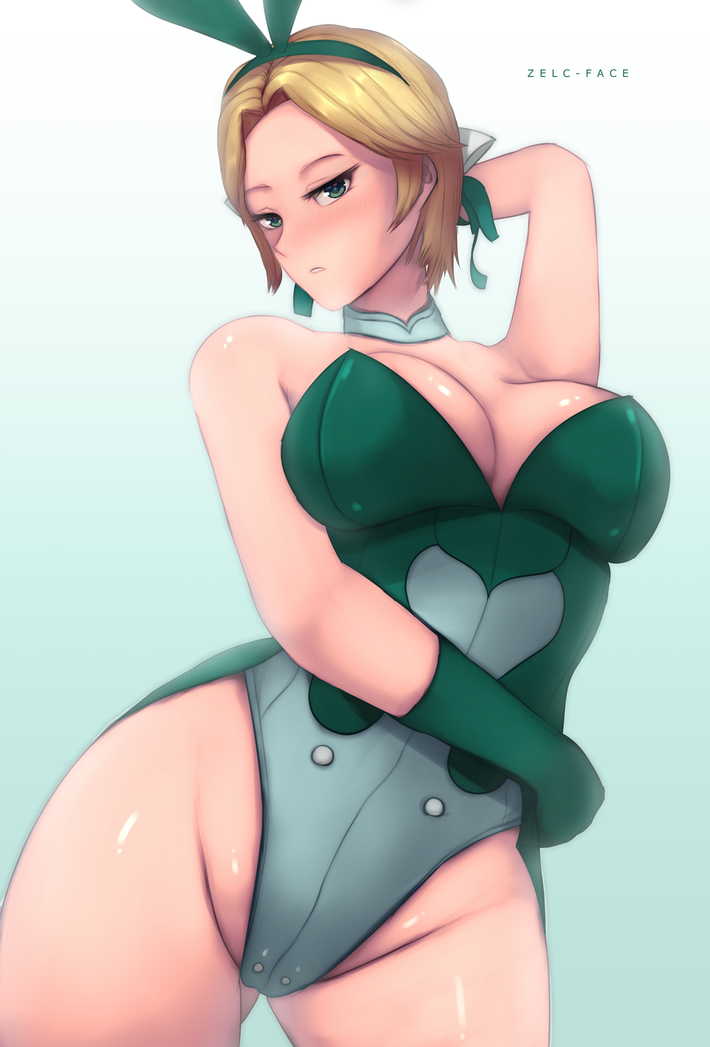 1girls, arm behind head, bare shoulders, bare thighs, blonde hair, blush, breasts, bunny ears, bunny girl, bunnysuit, female, fire emblem, fire emblem: three houses, gloves, green eyes, ingrid brandl galatea, large breasts, looking at viewer, nintendo, post-timeskip, short hair, simple background, solo, thighs, zelc-face