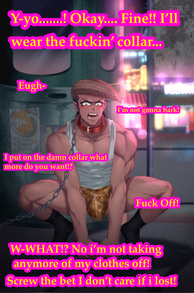 abs angry ball_bulge blush boxers bulge cock_bulge danganronpa danganronpa:_trigger_happy_havoc dog_collar doggy_style embarrassed gay huge_cock loser lost male male_focus male_only mondo_oowada pompadour slave smooth_skin solo speedo text yaoi