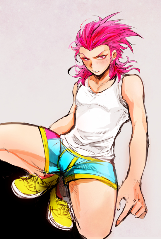 angry, boxers, boxers (clothing), danganronpa, danganronpa 2: goodbye despair, gay, kazuichi souda, male, male only, pink hair, smooth skin, tank top, yaoi
