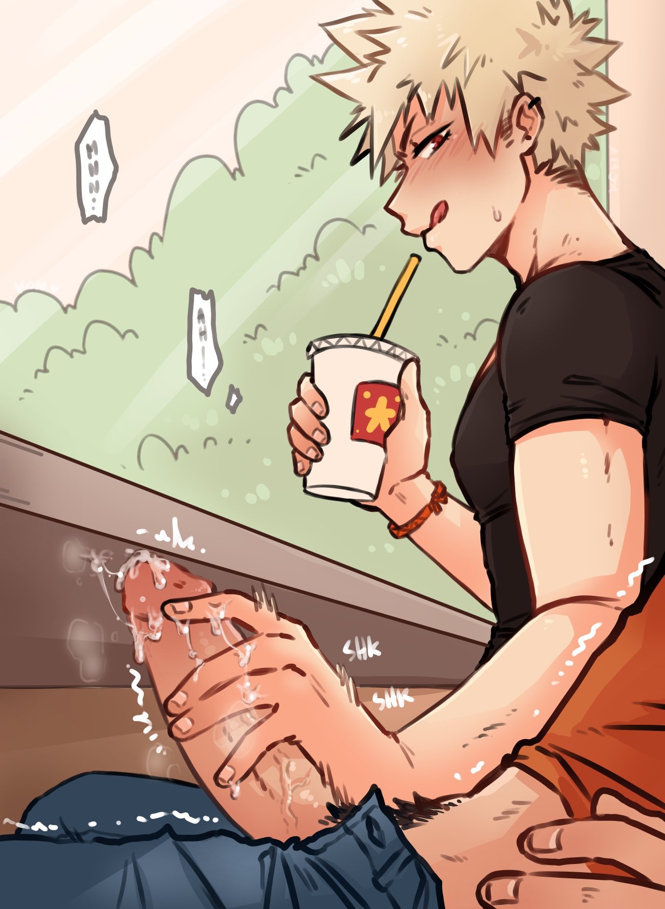 2boys, blonde hair, cum, cum on penis, edging, eijirou kirishima, fanon couple, food, gay, handjob, handjob under table, katsuki bakugou, licking lips, male, male only, masturbation, my hero academia, penis, pubic hair, public, stealth handjob, trembling, under the table, yaoi
