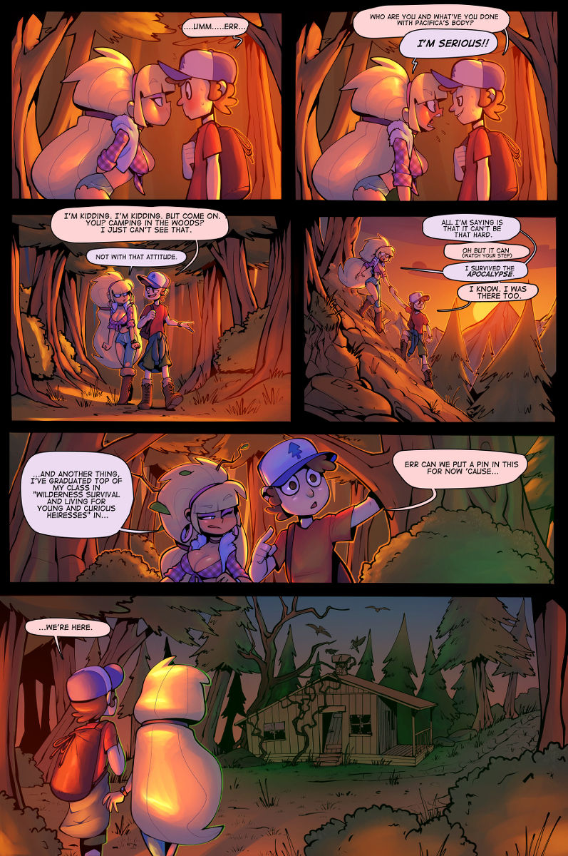 1boy, 1girls, baseball cap, big breasts, bigdad, blonde hair, boots, breasts, brown hair, clothed, clothed female, clothed male, comic, dialogue, dipcifica, dipper pines, disney, disney channel, disney xd, english text, fanon couple, female, fully clothed, gravity falls, high heel boots, high heels, long hair, male, pacifica northwest, photo, pine tree (symbol), short hair, standing, straight, straight hair, text, young