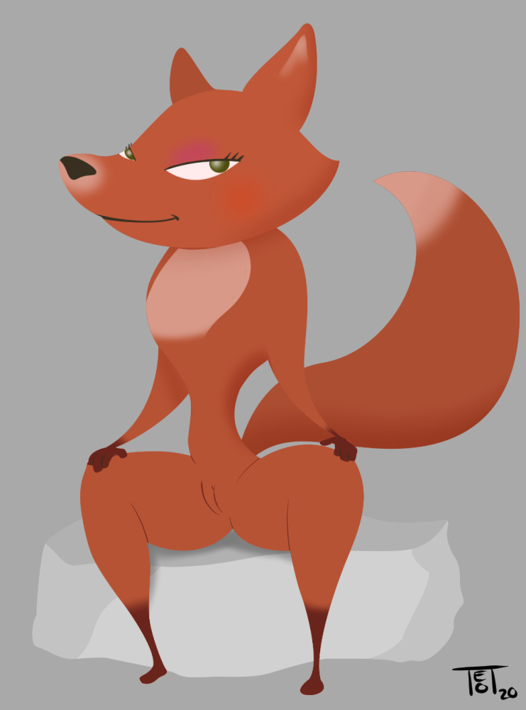 anthro big_head canid canine female fox fox_(skunk_fu!) genitals mammal presenting presenting_pussy pussy red_body simple_background sitting skunk_fu! solo teot toony vector