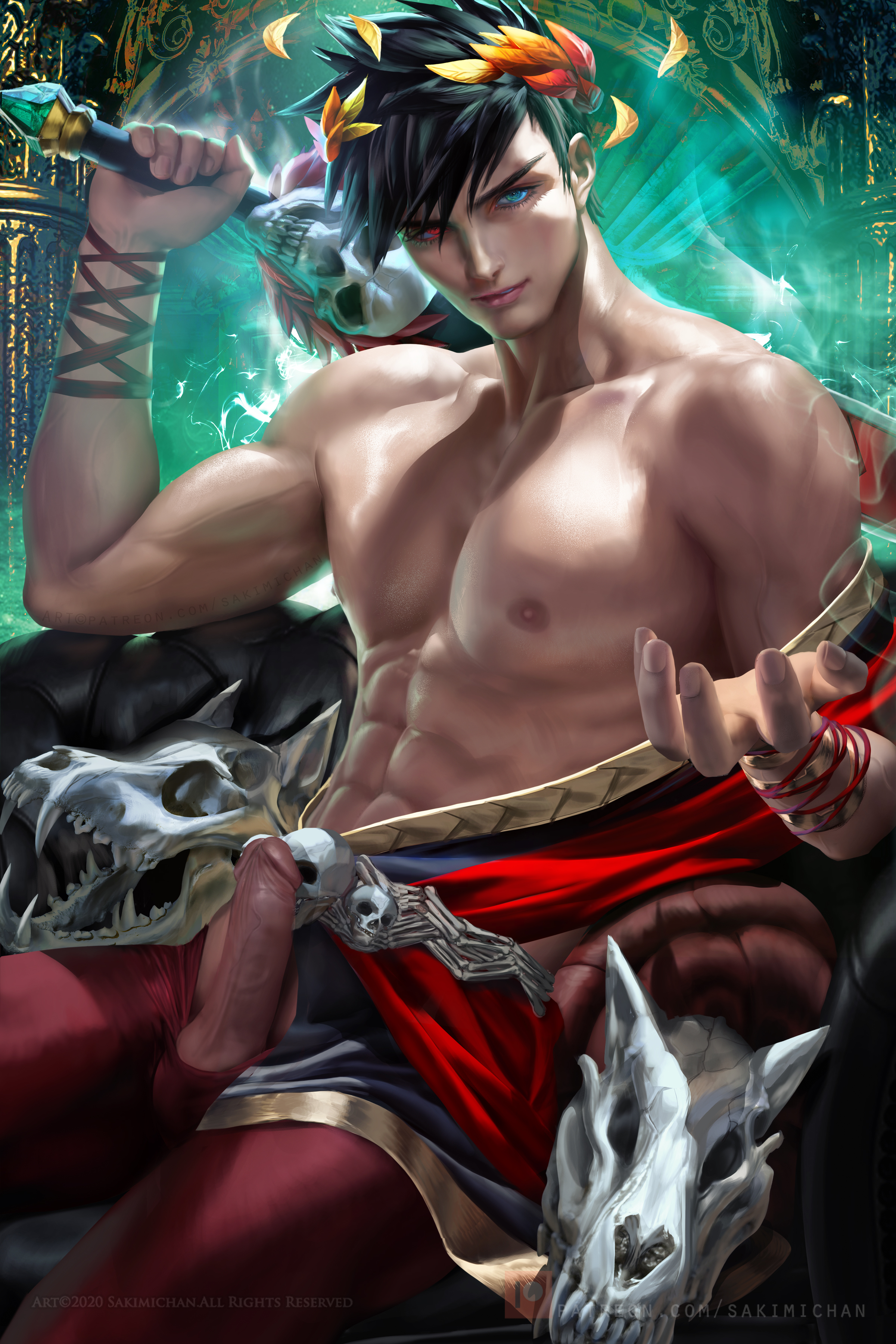 1boy, black hair, blue eyes, dick, gay, hades (game), heterochromia, human, human only, male, male only, penis, red eyes, sakimichan, skull, sword, zagreus