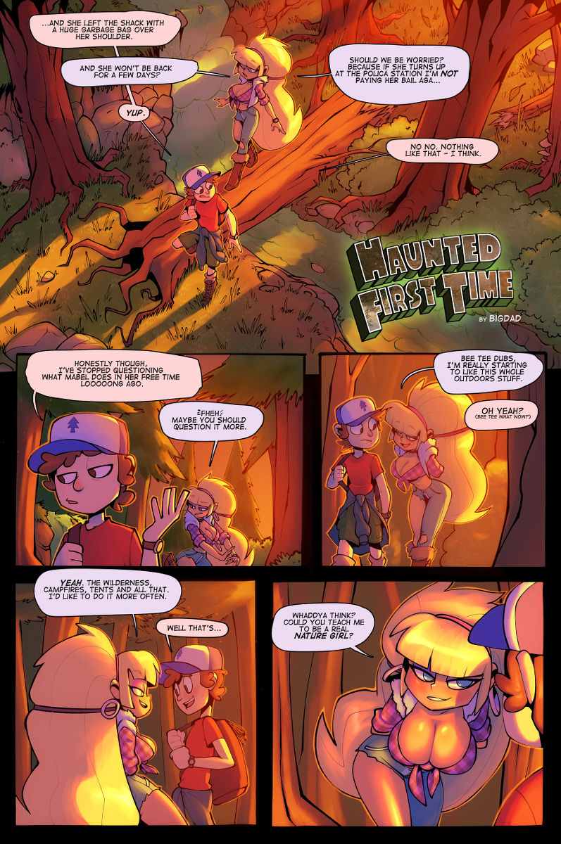 1boy, 1girls, baseball cap, big breasts, bigdad, blonde hair, boots, breasts, brown hair, cleavage, clothed, clothed female, clothed male, comic, dialogue, dipcifica, dipper pines, disney, disney channel, disney xd, fanon couple, female, fully clothed, gravity falls, high heel boots, high heels, long hair, male, pacifica northwest, photo, pine tree (symbol), short hair, straight, straight hair, young