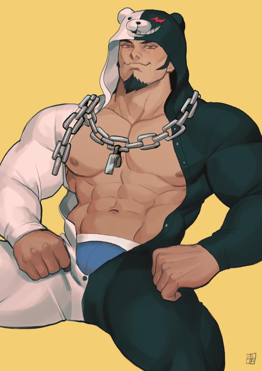 1boy abs absolum blue_underwear boxers boxers_(clothing) bulge chains danganronpa fit happy male male_only monokuma nidai_nekomaru onesie pecs redgart smooth_skin solo underwear