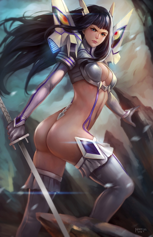 1girls, ass, bikini armor, black hair, blue eyes, breasts, cleavage, female, female only, from behind, junketsu, katana, kill la kill, kiryuuin satsuki, long hair, looking at viewer, medium breasts, nopeys, outdoors, skimpy clothes, solo, studio trigger, thong