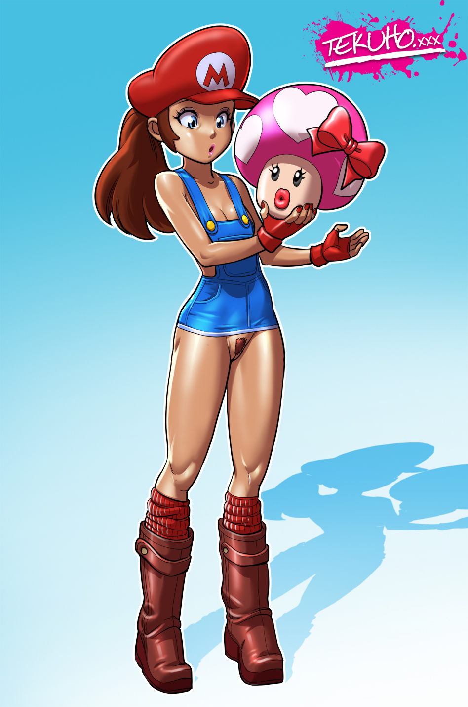 1girls, artist name, bimbo, bimbofication, blue background, boots, brown hair, female, gender transformation, genderswap, genderswap (mtf), innie pussy, landing strip, mario, mario (series), mushroom, nintendo, no panties, onesie, pubic hair, pussy, rule 63, shadow, solo, super mario bros., tekuho, transformation