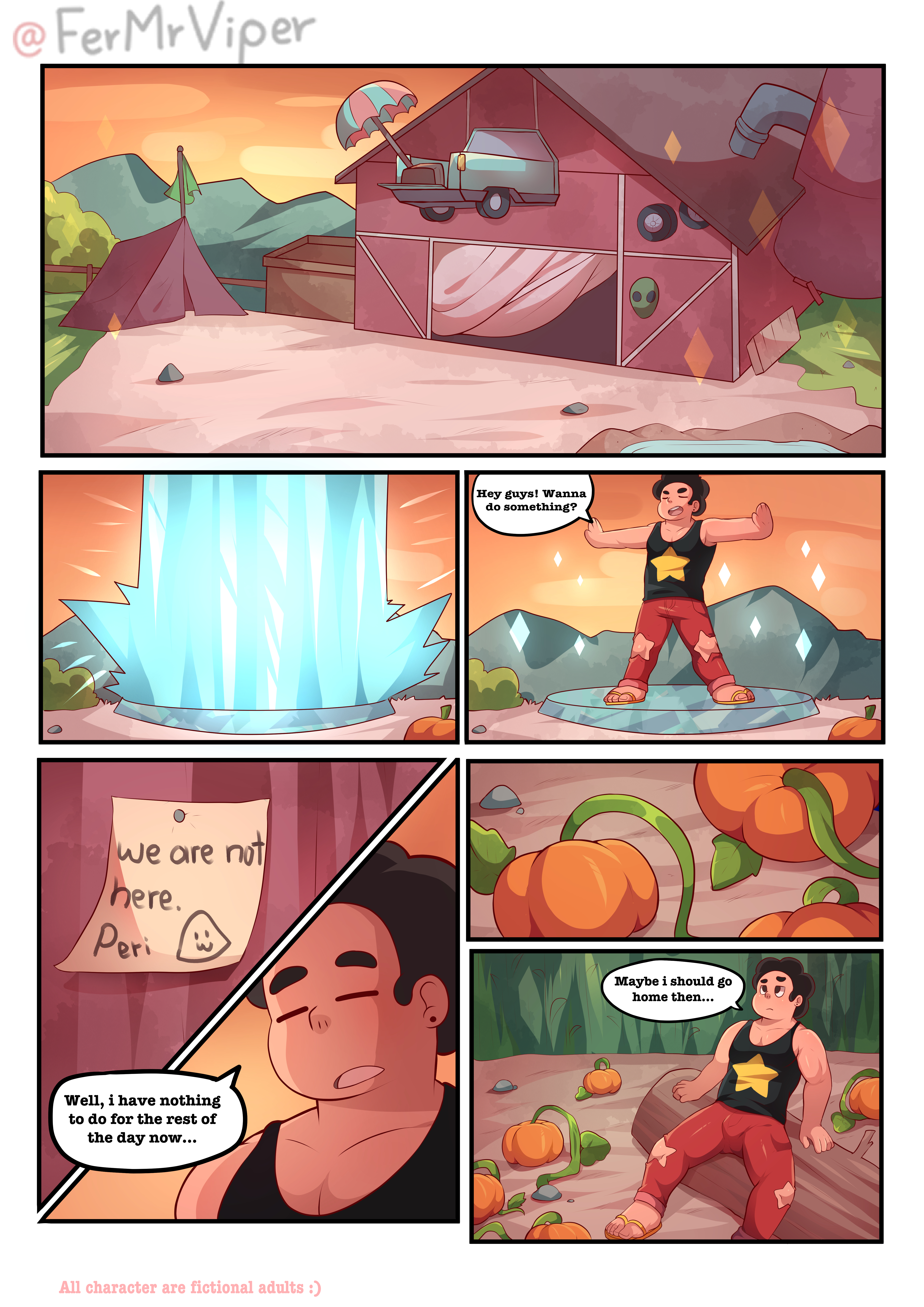 1boy, 2020, absurd res, artist name, cartoon network, closed eyes, clothed, clothed male, clothing, comic, dialogue, english text, fermrviper, flora fauna, gay, highres, male, male only, muscles, muscular, muscular male, open eyes, open mouth, pants, plant, plants, pumpkin, sand, sandals, solo, solo male, steven quartz universe, steven quartz universe (fermrviper), steven universe, text, white border, yaoi