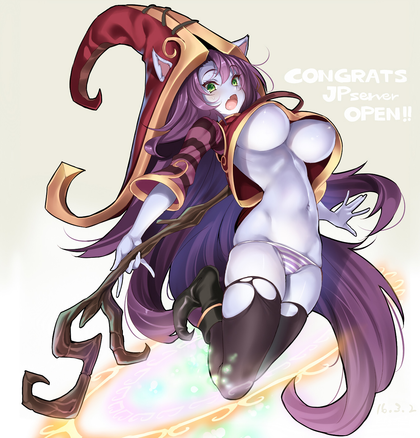 big breasts, breasts, cat ears, clothing, curious, female, league of legends, lulu the fae sorceress, magical girl, panties, purple hair, riot games, ripped clothing, striped panties, thighhighs, torn clothes, underboob, underwear, yordle