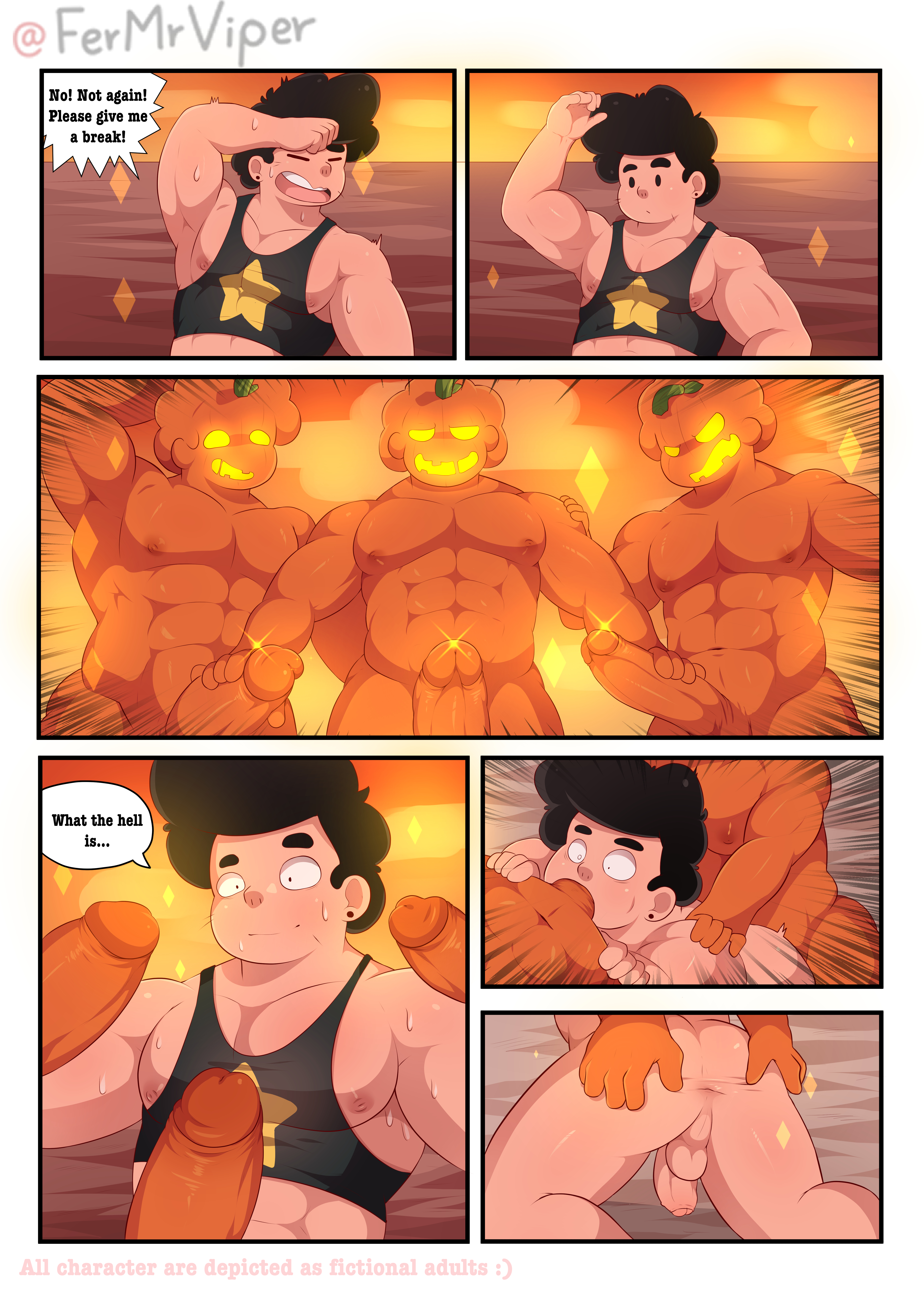 2020, 4boys, absurd res, after masturbation, anthro, anthro penetrating, anus, artist name, ass, balls, big penis, black hair, blowjob, blush, breath, bright pupils, chad steven, cheek bulge, closed eyes, comic, dominant, dominant anthro, earrings, ejaculation, english text, erection, facial, facial hair, feet, fellatio, fermrviper, flaccid, flaccid penis, gay, gay sex, genital fluids, genitals, grabbing, grabbing another's penis, grabbing penis, group, hair, half-closed eyes, halloween, handjob, highres, humanoid, light skin, light-skinned male, looking at another, male, male only, masturbating other, monster, multiple boys, multiple males, multiple penises, multiple poses, muscular, muscular male, muscular pecs, navel, nervous, nervous sweat, nipples, nude, nude male, on floor, on ground, oral, oral sex, orange body, outdoors, pecs, penile, penis, penis grab, penis out, plant, presenting, presenting penis, pumpkin, questionable consent, sex, short sleeved shirt, sitting, small pupils, smile, spread ass, spreading, spreading ass, star, steven quartz universe, steven quartz universe (fermrviper), steven universe, surprised, surprised expression, sweat, sweatdrop, tank top, tank top only, text, topwear, topwear only, transformation, yaoi