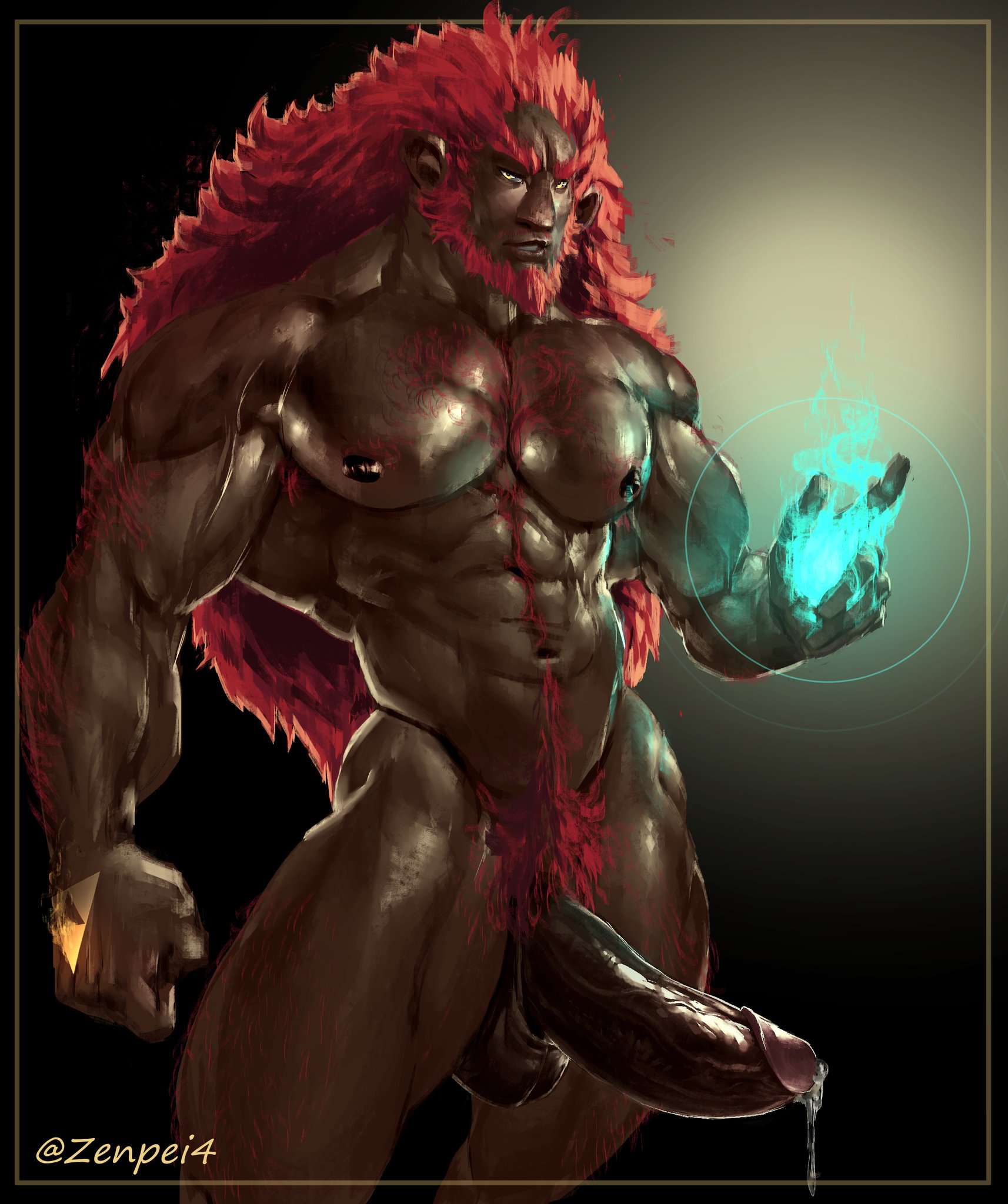 bara, big pecs, big penis, black nipples, blue fire, boner, breasts, dark skin, dark-skinned male, erection, fire, ganondorf, gay, huge cock, hyrule warriors, large breasts, long ears, long hair, long penis, male, male only, muscles, muscular, muscular male, nude, only, penis, precum, red hair, solo, solo male, the legend of zelda, triforce, yaoi, yellow eyes, zenpei, zenpei4