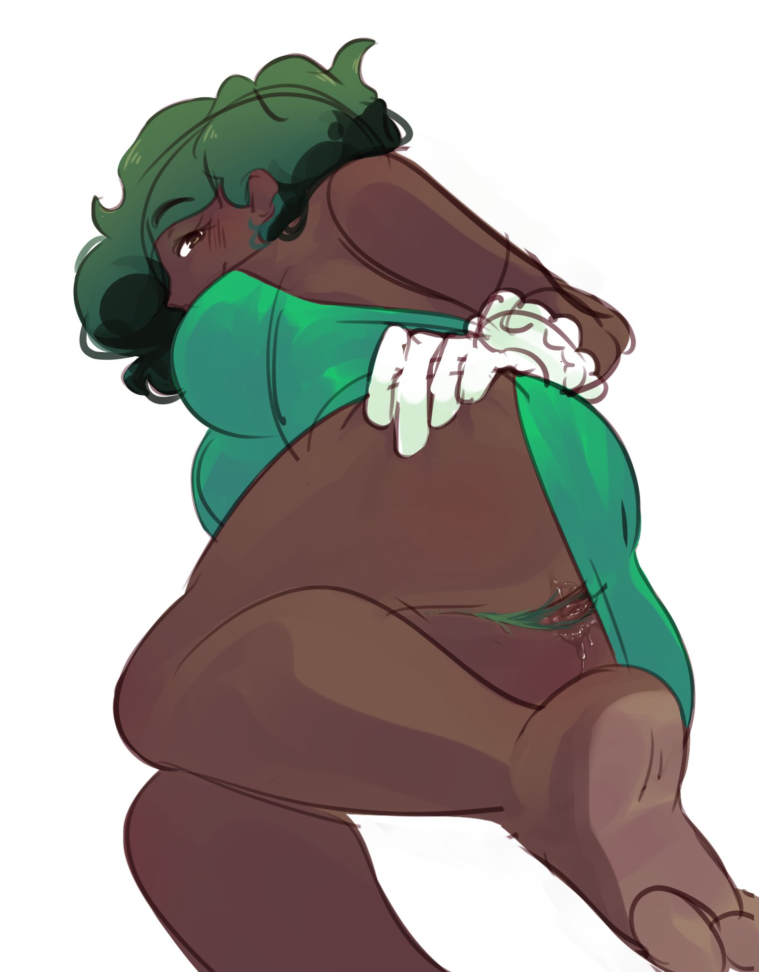 1girls, ass, bare legs, barefoot, bottomless, breasts, brown eyes, curly hair, dankmaths, dark skin, dark-skinned female, dress, eyebrows visible through hair, female, female only, female pubic hair, gloves, green hair, human, humanized, large breasts, looking at viewer, looking back, low-angle view, m&m's, ms. green, no panties, presenting, presenting pussy, pubes, pubic hair, pussy, pussy juice, pussy juice drip, pussy juice trail, raised eyebrows, rear view, short hair, smile, soles, solo, toes, uncensored, updress, upskirt, wavy hair, wet pussy, white background
