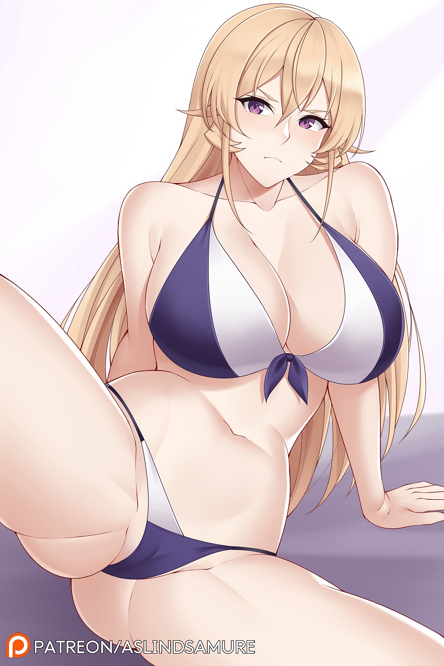 1girls, alluring, aslindsamure, big breasts, bikini, blonde hair, blonde-haired female, breasts, female, legs, nakiri erina, purple eyes, shokugeki no souma, strawberry blonde hair, swimsuit, tagme