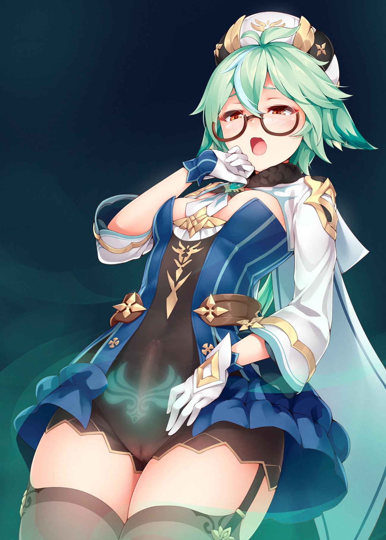 1futa, absolute territory, blush, cameltoe, clothed, clothing, erection under clothes, fully clothed, futa only, futa sans balls, futanari, garter straps, genshin impact, glasses, gloves, green hair, half-closed eyes, hat, human, intersex, looking down, open mouth, pale skin, penis, penis under clothes, pointy ears, pussy, ricegnat, solo, solo futa, standing, sucrose (genshin impact), thighhighs