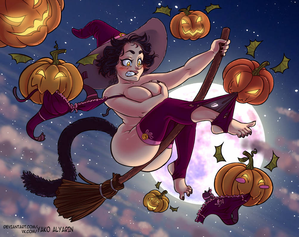 1girls ass breasts broom broom_riding broomstick embarrassed female halloween jack-o'-lantern torn_clothes witch yakoalyarin