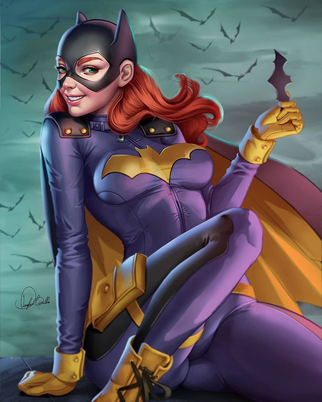 1girls barbara_gordon bat_symbol batarang batgirl batman_(series) bats cameltoe clothed clothing dc dc_comics douglas_bicalho female female_focus female_only ginger ginger_hair gloves green_eyes holding_object holding_weapon human human_only leather_suit light-skinned_female light_makeup looking_at_viewer medium_breasts orange_hair outdoors puffy_pussy purple_bodysuit purple_clothing redhead sitting smiling smiling_at_viewer solo solo_female solo_focus spandex spandex_suit thick_thighs tight_clothing tight_fit yellow_boots yellow_gloves