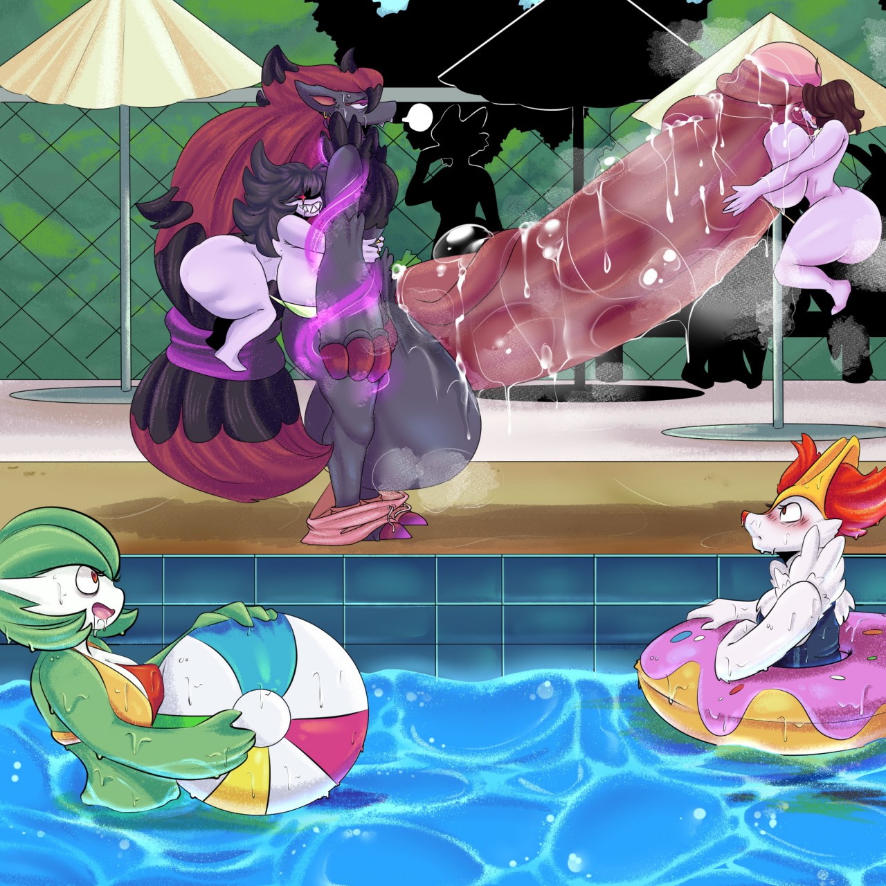 big penis, coldfrontvelvet, est (xytora), ghost, hyper, hyper genitalia, hyper penis, katria (xytora), lover (coldfrontvelvet), male, oc, penis, pokemon, pokemon (species), zoroark