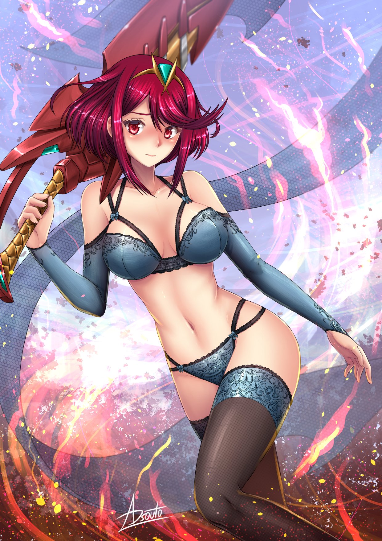 1girls, abstract background, adsouto, armwear, artist signature, big breasts, blue bra, blue lingerie, blue panties, blush, blushing, blushing at viewer, bow, bow bra, bow panties, bowtie, bra, breasts, cleavage, detailed background, embarrassed, eyelashes, female, female focus, female only, fit, fit female, frilled bra, frilled legwear, frilled panties, frills, hair ornament, headwear, holding, holding object, legwear, lingerie, nintendo, panties, pyra, red eyes, red hair, revealing clothes, short hair, skimpy clothes, standing, stockings, sword, thighhighs, weapon, xenoblade (series), xenoblade chronicles 2