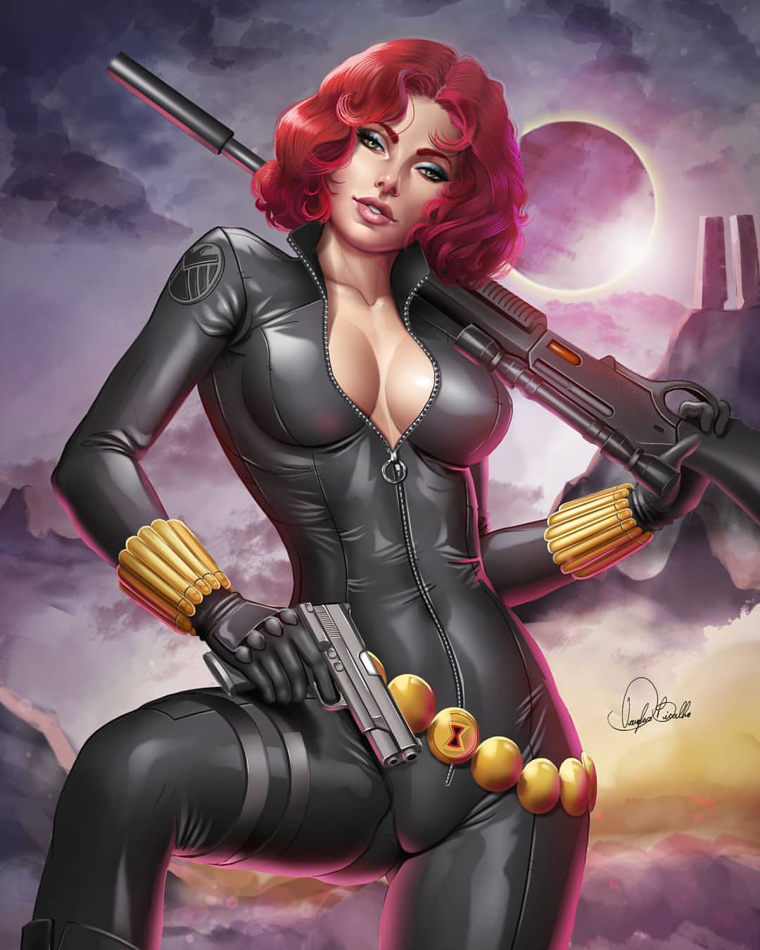 black widow (marvel), bodysuit, cleavage, female, green eyes, gun, marvel, marvel comics, natasha romanoff, red hair, scarlett johansson, spy, suppressor, tight clothing, tight fit, zipper, zipper pull tab