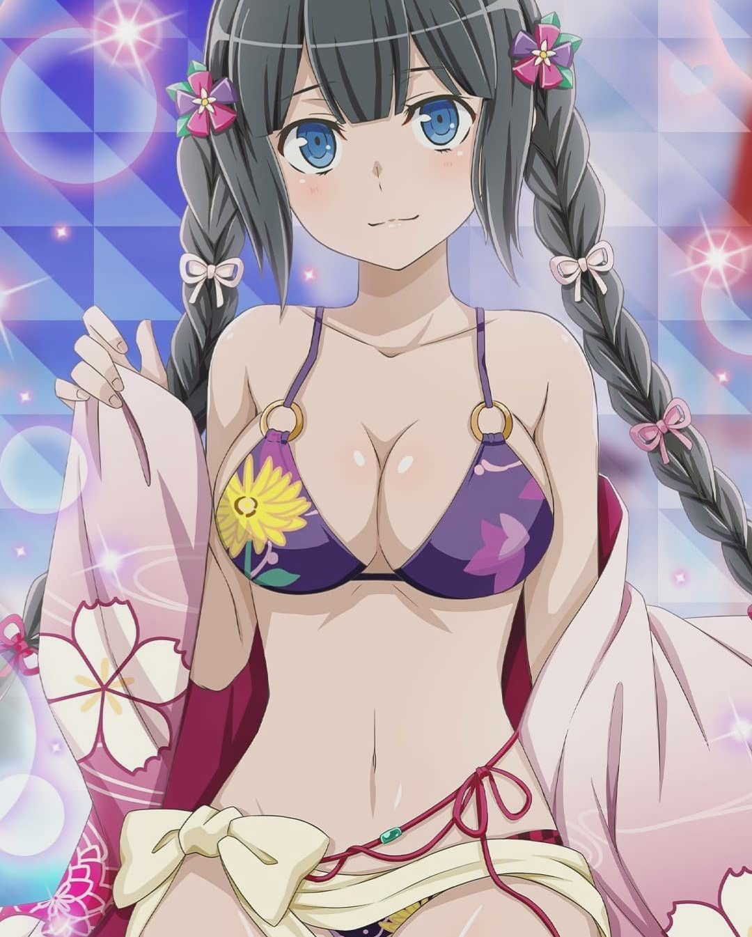 1girls, big breasts, bikini, breasts, curvy, dungeon ni deai wo motomeru no wa machigatteiru darou ka, female, female only, hestia (danmachi), looking at viewer, navel, solo, tied hair, twintails