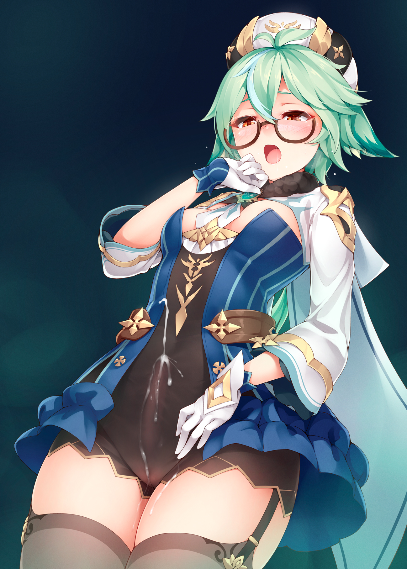 1futa, absolute territory, blush, cameltoe, clothed, clothing, cum, cum in clothes, cum through clothes, cumshot, erection under clothes, fully clothed, futa only, futa sans balls, futanari, garter straps, genshin impact, glasses, gloves, green hair, half-closed eyes, hands-free, handsfree ejaculation, hat, human, intersex, looking down, open mouth, orgasm, pale skin, penis, penis under clothes, pointy ears, pussy, ricegnat, solo, solo futa, spontaneous orgasm, standing, sucrose (genshin impact), thighhighs